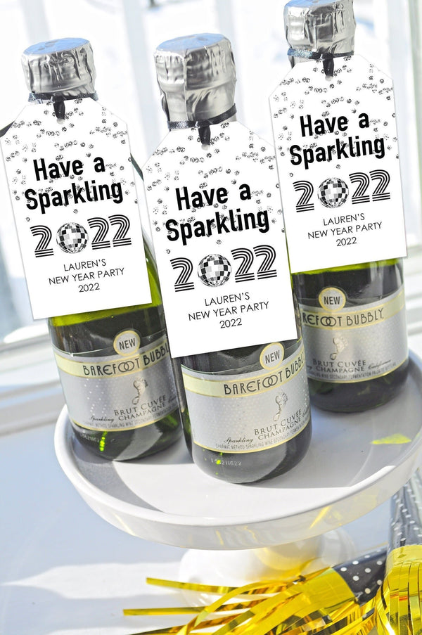 New Years Champagne Favor Tags, Mini Wine Bottle Favor Tags, New Years Eve Party Tags, Silver and Black New Year Tags - Set of 12 Tags