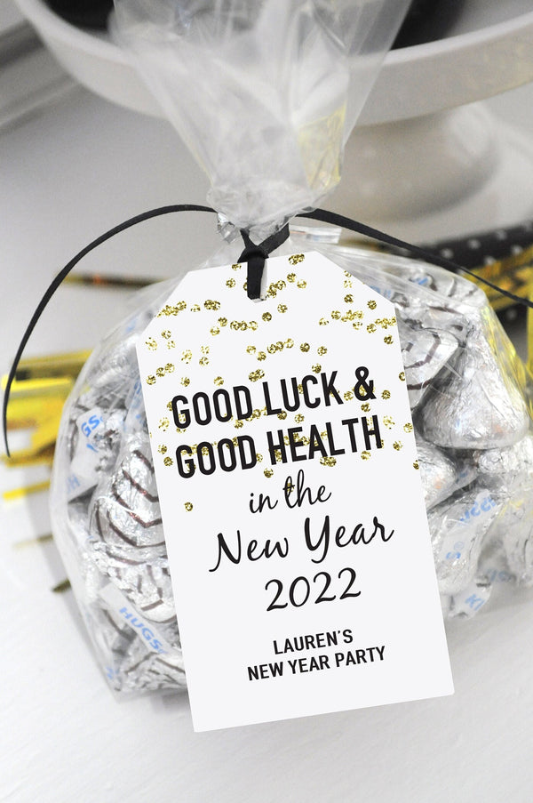 New Years Eve Party Favor Tags, Good Luck and Good Health New Years Tags, Gold and Black New Year Tags - Set of 12 Tags