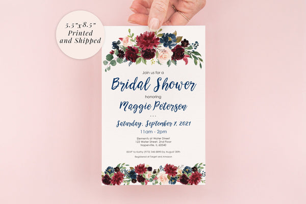 Bridal Shower Invitations Burgundy Navy Blue Floral Invites, Wedding Shower, Bridal Luncheon - Printed and Shipped - Set of 10