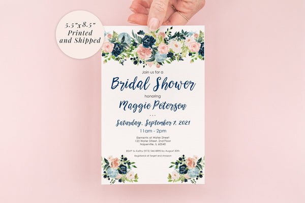 Bridal Shower Invitations Navy Blue Pink Floral Invites, Wedding Shower, Bridal Luncheon - Printed and Shipped - Set of 10