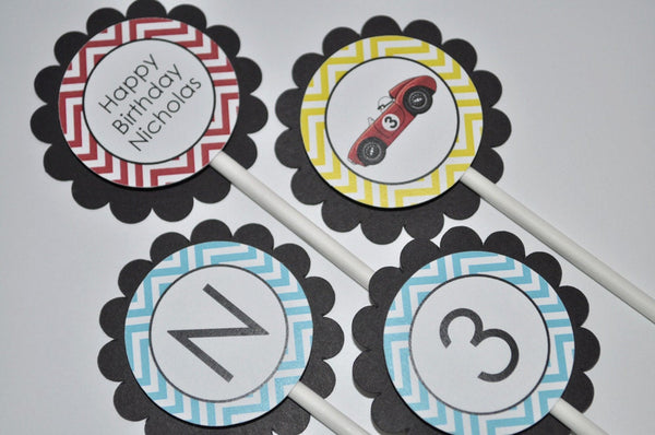 Boys Birthday Cupcake Toppers - Chevron Birthday Decorations, Race Car Birthday Party Decorations in Blue, Red, Yellow & Black - Set of 12