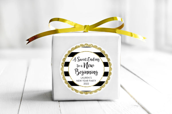 New Years Favor Stickers, New Years Eve Party Gold Black Stickers Favor Tag Labels, Goodie Bag Stickers Treats - Set of 24