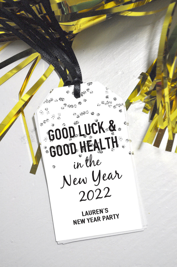 New Years Eve Party Favor Tags, Good Luck and Good Health New Years Tags, Silver and Black New Year Tags - Set of 12 Tags