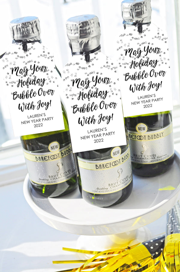 New Years Mini Wine Bottle Favor Tags, Champagne Favor Tags, New Years Eve Party Tags, Silver and Black New Year Tags - Set of 12 Tags