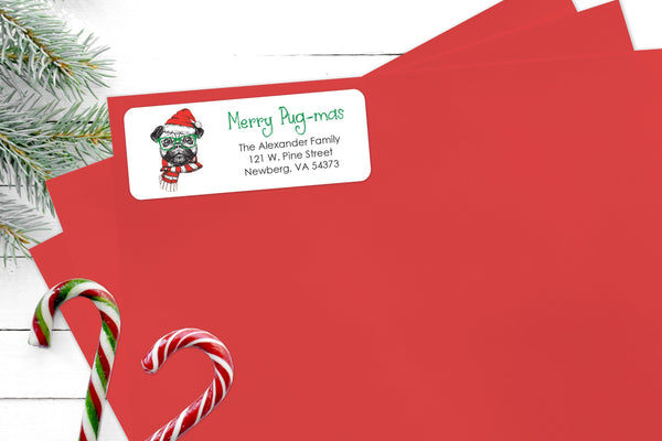Pug Dog Merry Christmas Address Labels, Funny Christmas Envelope Return Address Labels, Stickers Gift Labels Christmas Seals - Set of 30
