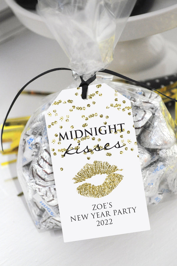 New Years Tags Midnight Kisses Party Favors, Kisses Treat Tags, New Years Eve Tags, Gold and Black New Year Tags - Set of 12 Tags