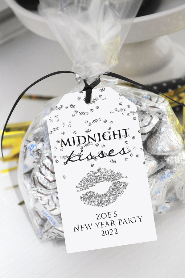 New Years Tags Midnight Kisses Party Favors, Kisses Treat Tags, New Years Eve Tags, Silver and Black New Year Tags - Set of 12 Tags