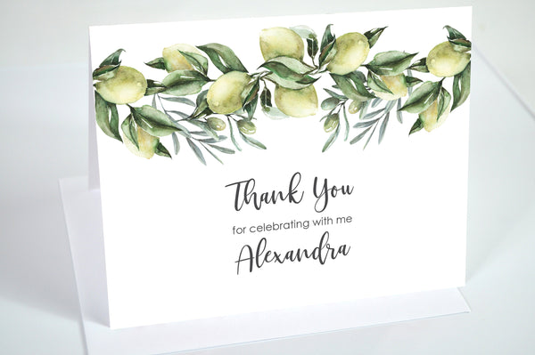 Wedding Thank You Cards Lemon Citrus Italian Olive Branch Wedding Bridal Shower Thank You Notes - Printed and Shipped - Set of 10