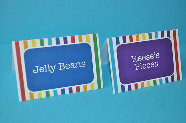 Food Label Tent Cards or Place Cards - Rainbow Birthday Party Decorations - Personalized - Set of 12