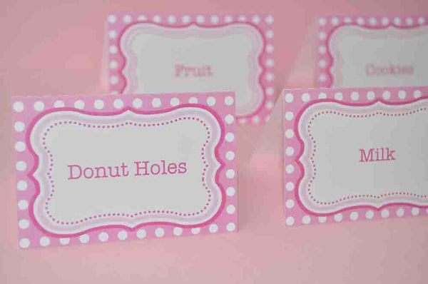 Food Label Tent Cards, Place Cards, Girls Birthday Party or Baby Shower, Pink and White Polkadot, Personalized and Printed - Set of 12