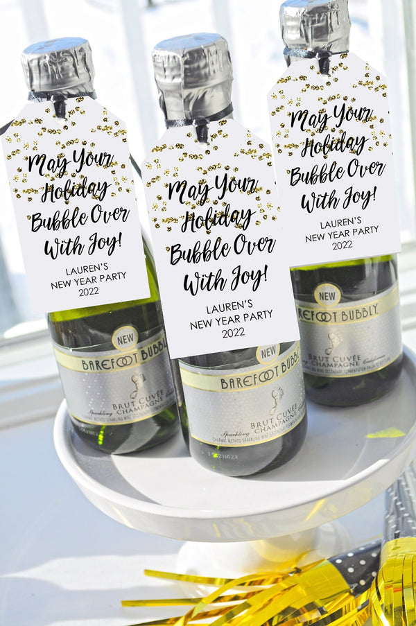 New Years Mini Wine Bottle Favor Tags, Champagne Favor Tags, New Years Eve Party Tags, Gold and Black New Year Tags - Set of 12 Tags