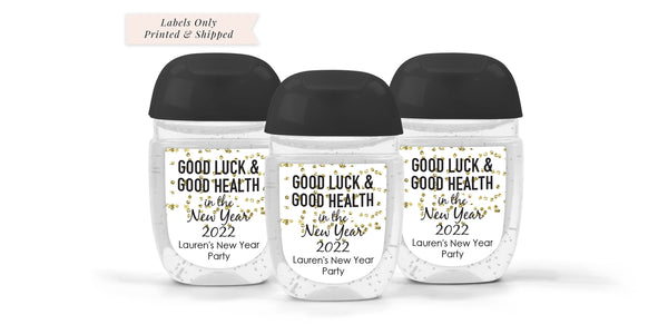 New Years Hand Sanitizer Labels, Good Luck and Health in the New Year Sanitizer Stickers, Black and Gold New Years Eve - Set of 30 Labels