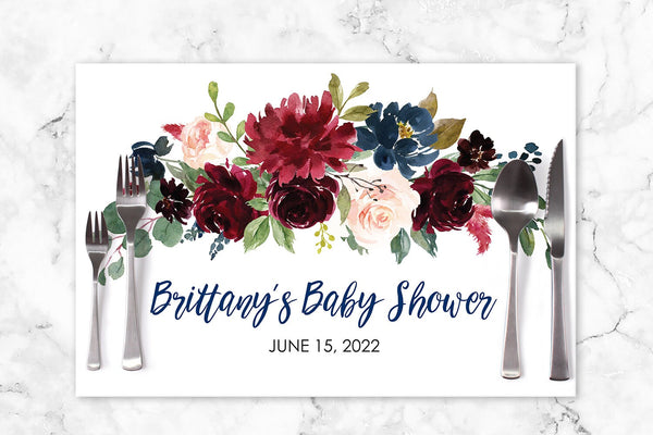 Baby Shower Paper Placemats Burgundy Navy Blue Floral Decorations Tableware Disposable Personalized Placemats - Printed & Shipped Set of 6
