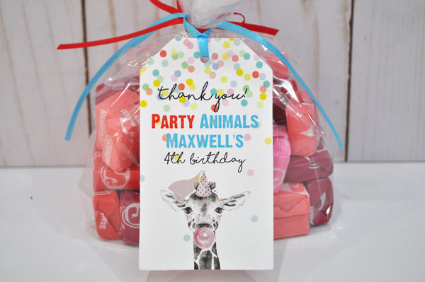 Party Animals Birthday Favor Tags, Zoo Animal Birthday Party, Wild Animals Birthday Party Thank You Tags - Set of 12 Tags