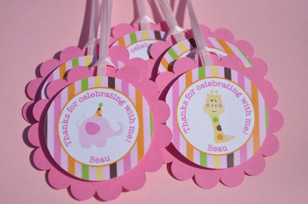 Girls Birthday Party Favor Tags, Elephant and Giraffe Stripes, Birthday Party Favors, Personalized Birthday Thank You Tags - Set of 12