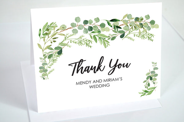 Wedding Thank You Cards Greenery Leaves Wedding Bridal Shower Thank You Notes - Printed and Shipped - Set of 10