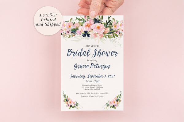 Bridal Shower Invitations Pink Navy Blue Floral Invites, Wedding Shower, Bridal Luncheon - Printed and Shipped - Set of 10