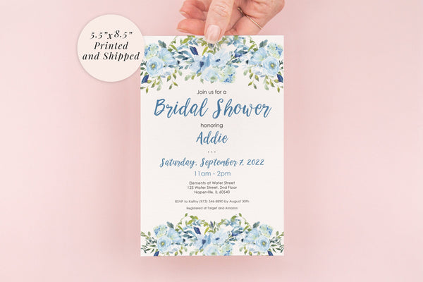 Bridal Shower Invitations Blue Floral Invites, Wedding Shower, Bridal Luncheon - Printed and Shipped - Set of 10