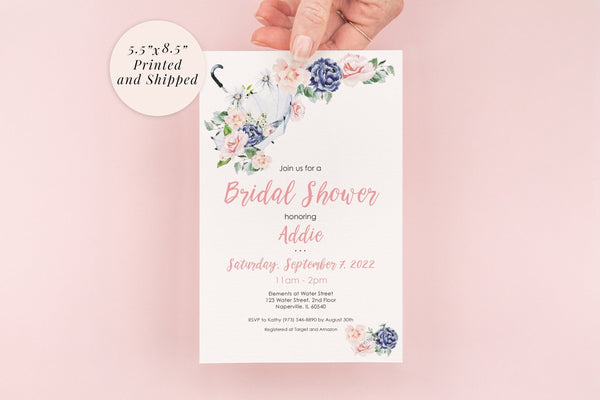 Bridal Shower Invitations Umbrella Blush Pink Blue Floral Bridal Shower Invites, Wedding Shower Luncheon - Printed and Shipped - Set of 10