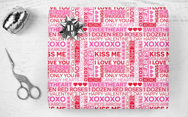 Valentine&#39;s Day Gift Wrap Sheets Typography Wrapping Paper, Valentine Boyfriend or Girlfriend Gift, Husband or Wife Valentine Gift