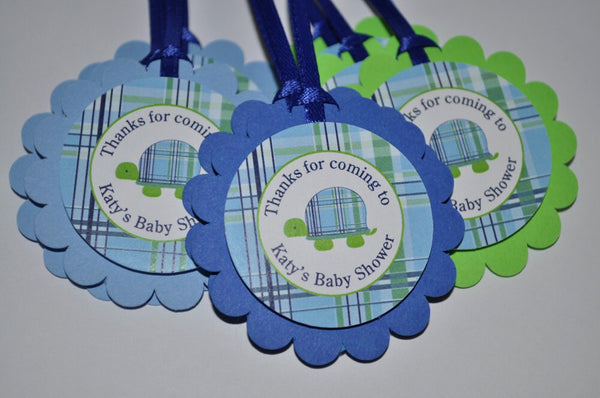 Baby Shower Favor Tags Turtle Preppy Plaid, Boys Birthday Favor Tags, Blue Green Personalized Thank You Tags, Boys Party Decor - Set of 12