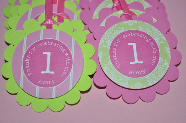 Girls Birthday Favor Tags, Party Favors, Birthday Thank You Tags, Girls 1st Birthday Decorations, Pink and Green - Set of 12