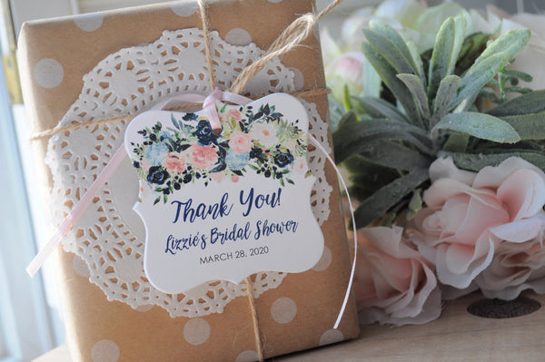 Bridal Shower Favor Thank You Tags, Wedding Favors Personalized Wedding Tags, Navy Blue Pink Floral Shower Hang Tags - Set of 12