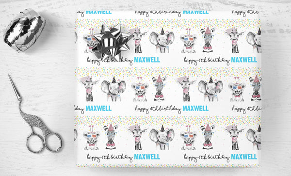 Party Animals Birthday Name Gift Wrap, Personalized Name Wrapping Paper, Wild Animals Party Gift Wrap Sheets, Happy Birthday Wrapping Paper