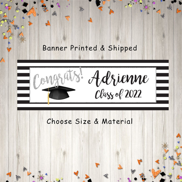 Class of 2022 High School Graduation Banner, Congrats Grad Personalized Banner, College Graduation Party Banner Silver - Printed & Shipped