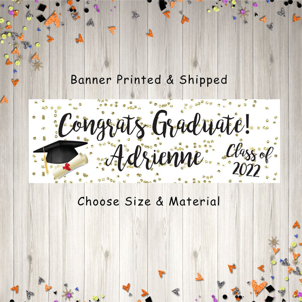 Class of 2022 High School Graduation Banner, Congrats Grad Personalized Banner, College Graduation Party Banner Gold - Printed & Shipped