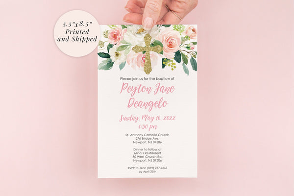 Baptism Invitation Girl Blush Pink Floral Gold Cross, Baptism Invite, Baby Girl Christening - Printed and Shipped - Set of 10