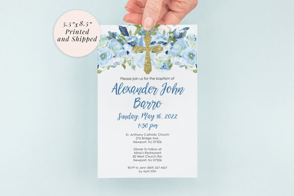 Baptism Invitation Boy Blue Floral Gold Cross, Baptism Invite, Baby Boy Christening - Printed and Shipped - Set of 10