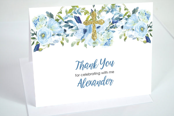 Baptism Thank You Cards Blue Floral Gold Cross, Baptism Thank You Notes, First Holy Communion Cards - Printed and Shipped - Set of 10