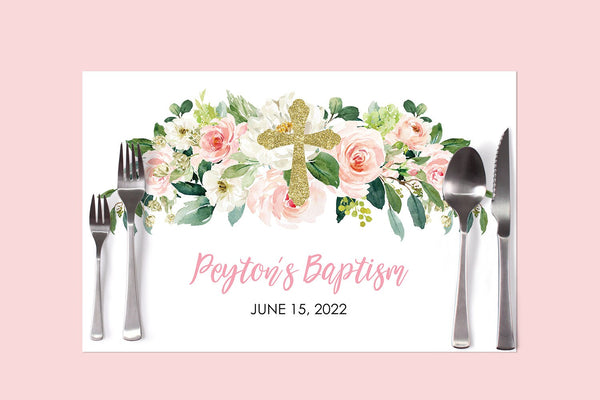 Baptism Paper Placemats Blush Pink Floral Girl Baptism Decorations Tableware Disposable Personalized Placemats - Printed & Shipped Set of 6