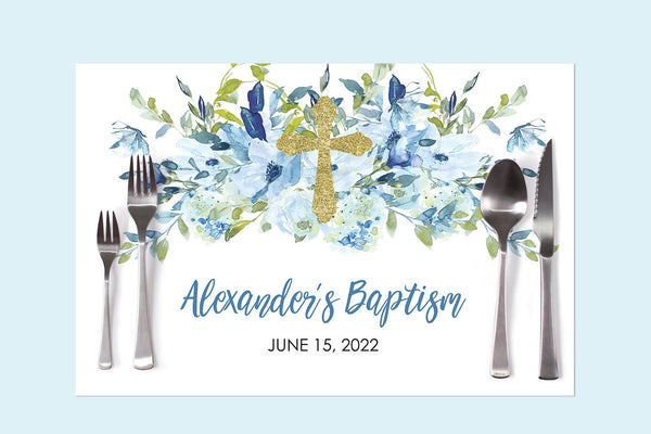 Baptism Paper Placemats Blue Floral Boy Baptism Decorations Tableware Disposable Personalized Placemats - Printed & Shipped Set of 6