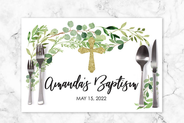 Baptism Paper Placemats Greenery Leaves Decorations Tableware Disposable Personalized Placemats - Printed & Shipped Set of 6