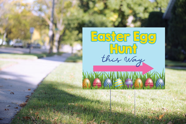 Easter Egg Hunt Arrow Yard Sign, Egg Hunt Lawn Sign, Outdoor Easter Lawn Sign - 24” x 18" Printed Sign