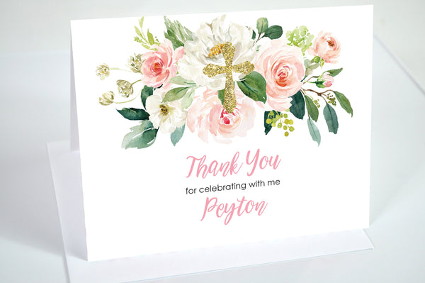 Baptism Thank You Cards Blush Pink Floral Gold Cross, Baptism Thank You Notes, First Holy Communion Cards - Printed and Shipped - Set of 10