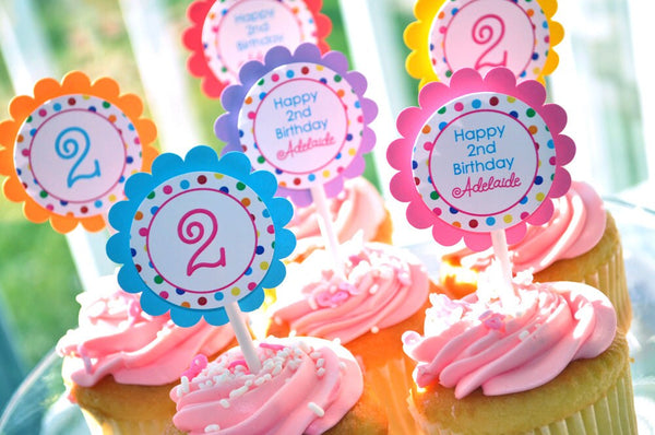 Birthday Cupcake Toppers - Birthday Party Decorations - 1st Birthday Cupcake Toppers - Colorful Polkadots - Rainbow Birthday - Set of 12