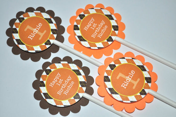 Argyle Birthday Cupcake Toppers - Argyle, Halloween, Autumn Birthday Party Decorations - Fall Colors Brown, Orange, Yellow - Set of 12