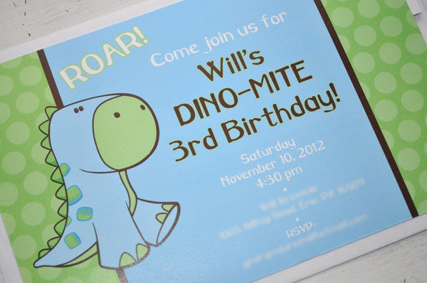 Dinosaur Invitations, Boy Birthday Invitations, Birthday Party Invites, Boy Baby Shower Invitations, Brown, Green and Blue - Set of 10