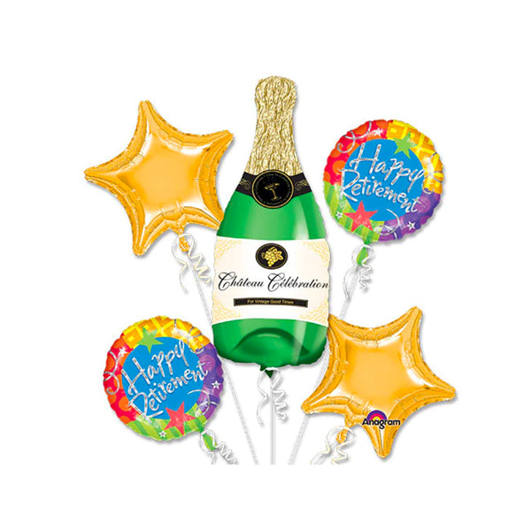 Retirement Balloon Bouquet Foil Mylar Balloons, Champagne Bottle Balloon, Retirement Party Round and Stars - Pack of 5