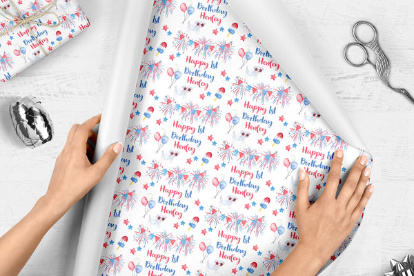 4th of July Birthday Gift Wrap, Personalized Name Wrapping Paper Red, White and Blue, Gift Wrap Sheets Patriotic Happy Birthday Wrapping