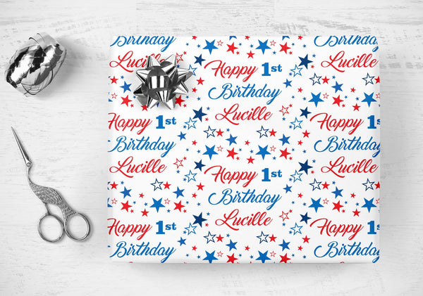 4th of July Birthday Gift Wrap, Personalized Name Wrapping Paper Red, White and Blue, Gift Wrap Sheets Patriotic Happy Birthday Wrapping