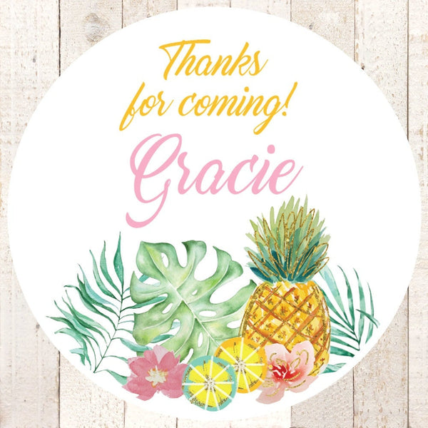 Tropical Birthday Stickers, Pool Party Favor Stickers, Flamingo Pineapple Birthday Summer Party, Thank You Tags Personalized - Set of 24