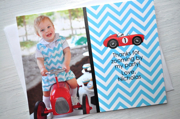 Boys Birthday Thank You Cards, Invitations, Chevron - Race Car Birthday - Party Decorations in Blue, Red, Yellow & Black - Set of 10