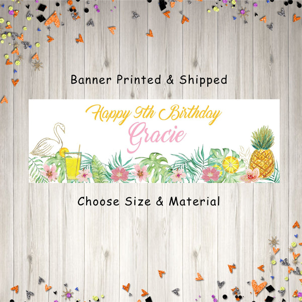 Tropical Birthday Banner, Flamingo Pineapple Pool Party Birthday Banner, Summer Party Personalized Banner - Printed and Shipped