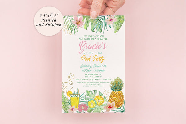 Tropical Birthday Party Invitations, Summer Pool Party Invitations, Flamingo Pineapple Birthday Invites - Set of 10