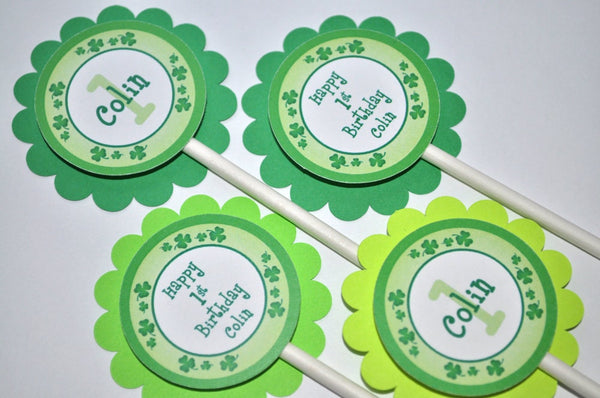 Cupcake Toppers, St. Patrick&#39;s Day Birthday Party Decorations, 1st Birthday Party Cupcake Toppers, Shamrocks, Clovers, Green - Set of 12