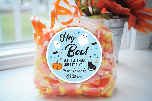 Halloween Party Treat Bag Stickers, Hey Boo Blue Halloween Stickers, School Halloween Favor Trick Or Treat Stickers, Class Treat - Set of 24